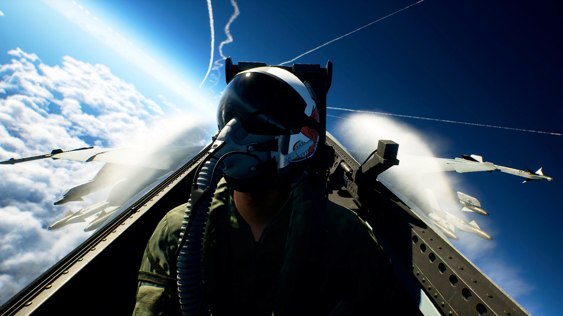 Pilot seated in a fighter jet cockpit above the clouds in ACE COMBAT 8: WINGS OF THEVE.