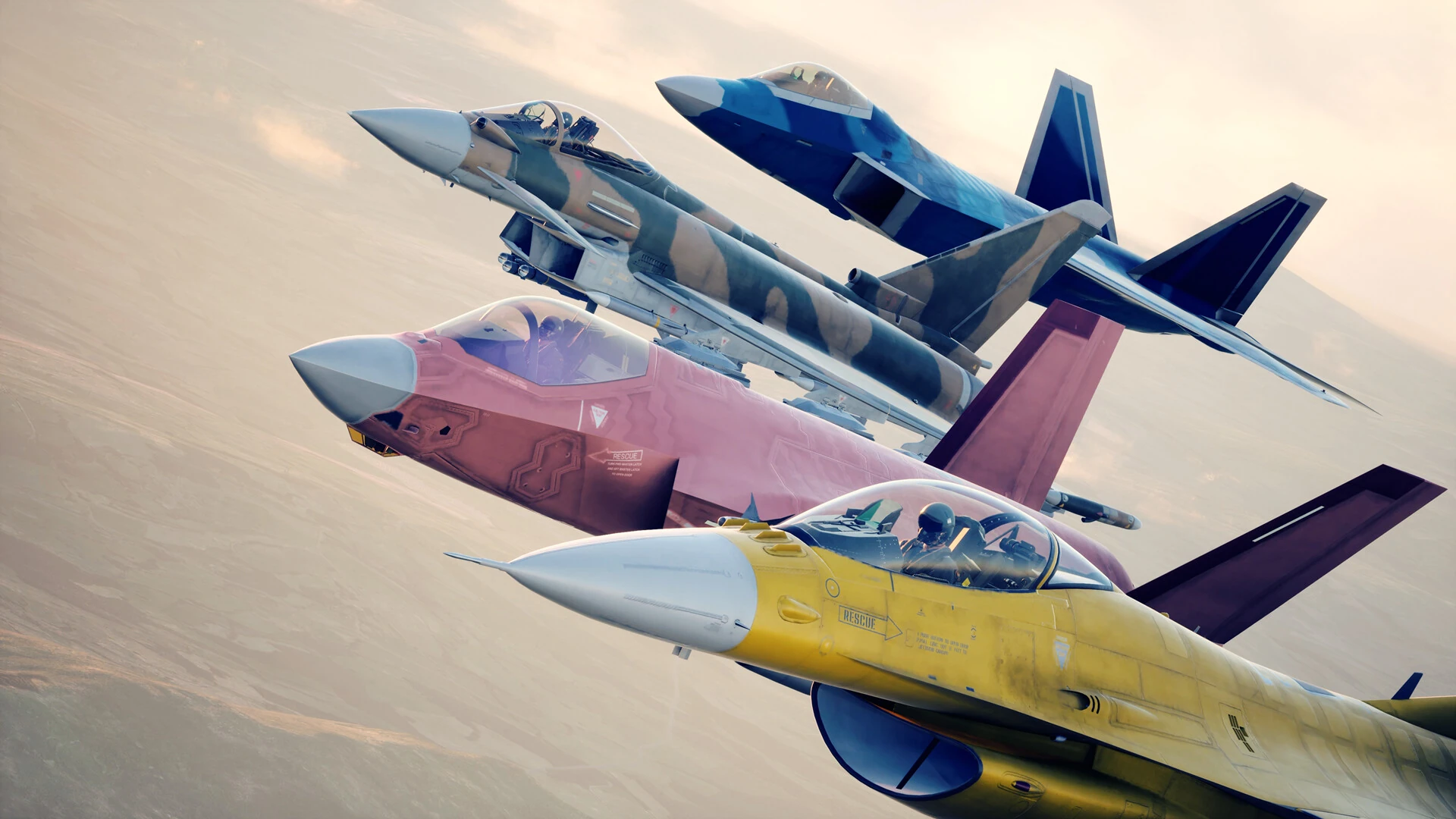 Four fighter jets flying in close formation over a sunlit landscape in ACE COMBAT 8: WINGS OF THEVE.