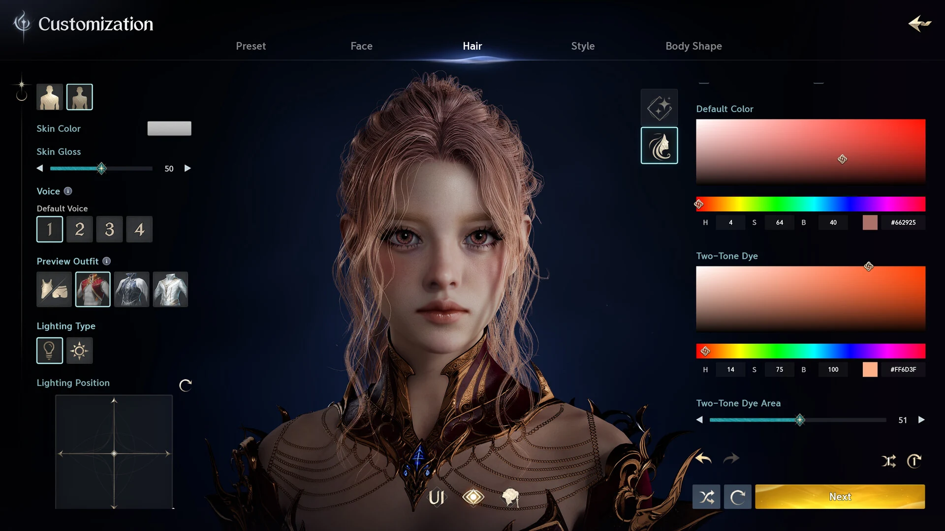AION 2 character customization screen showing hairstyle and color controls beside a female character.