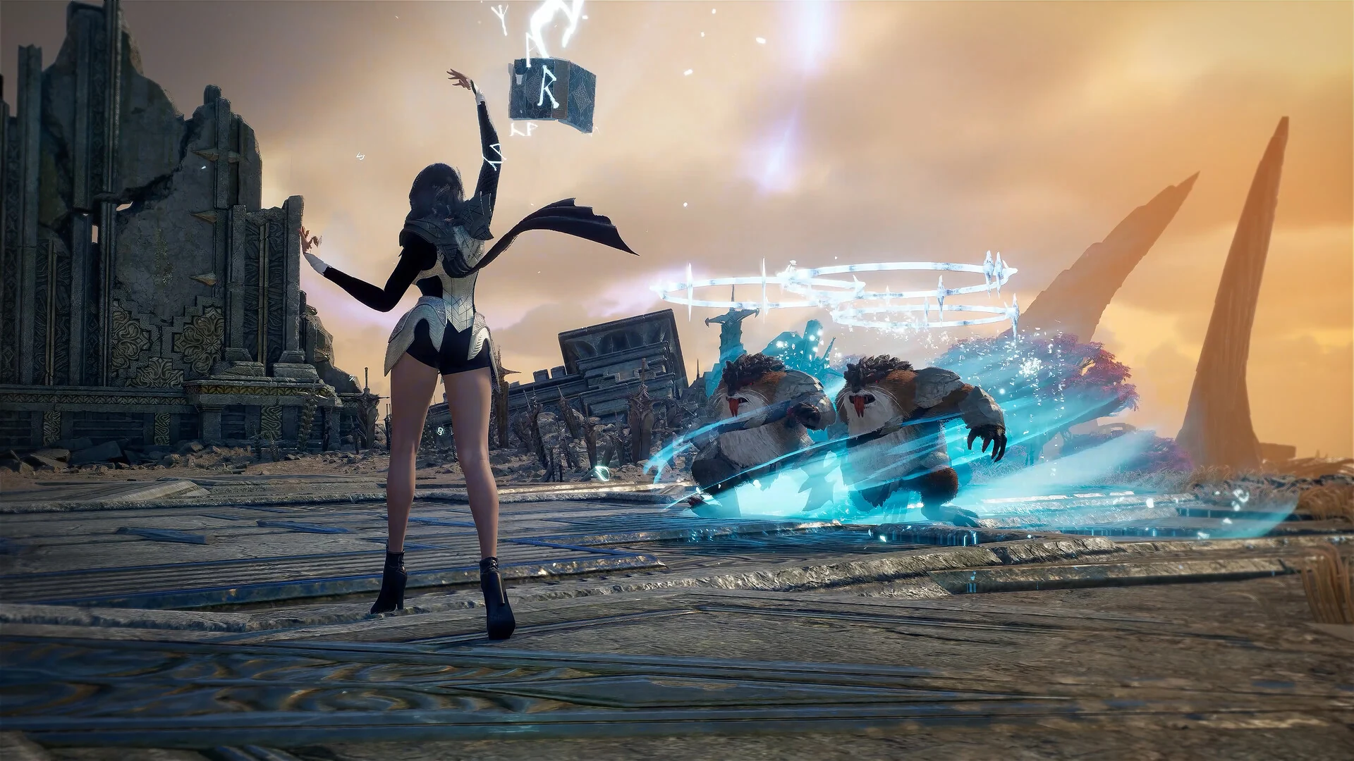 A female character casting a blue magical attack toward three creatures in AION 2.