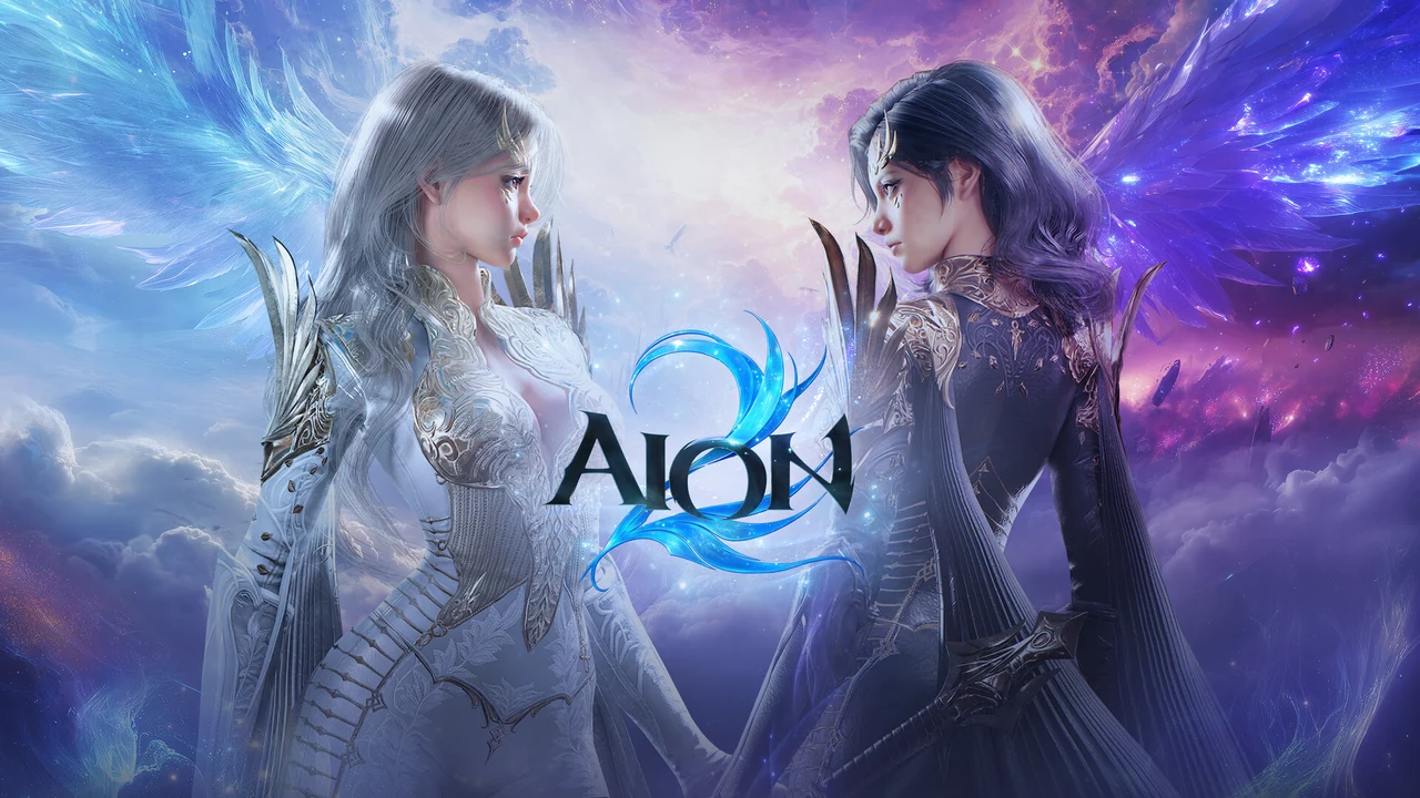 Two fantasy women with blue and purple wings surrounding the AION 2 logo.