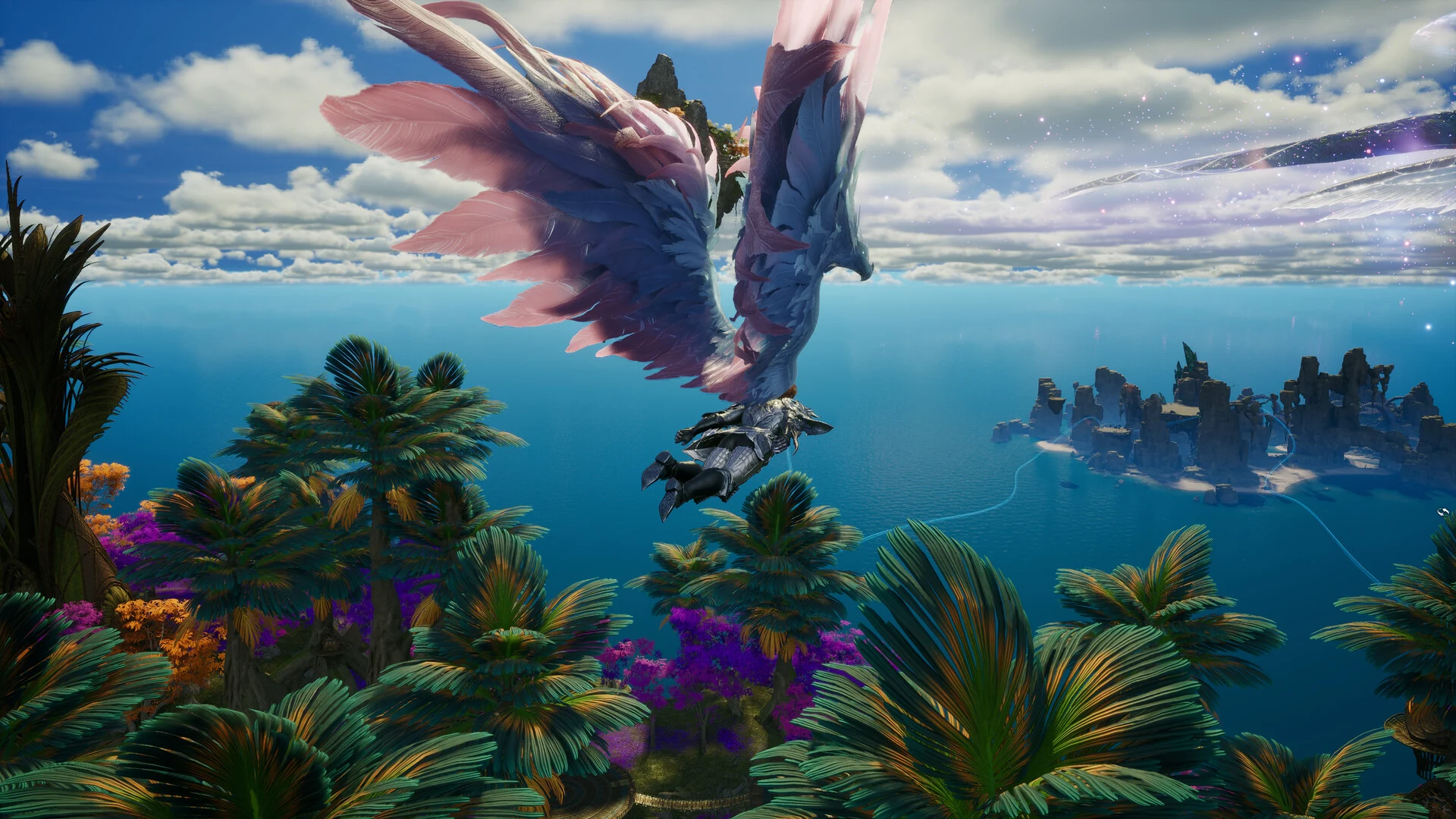 A winged character flying over bright coastal waters and palm trees in AION 2.