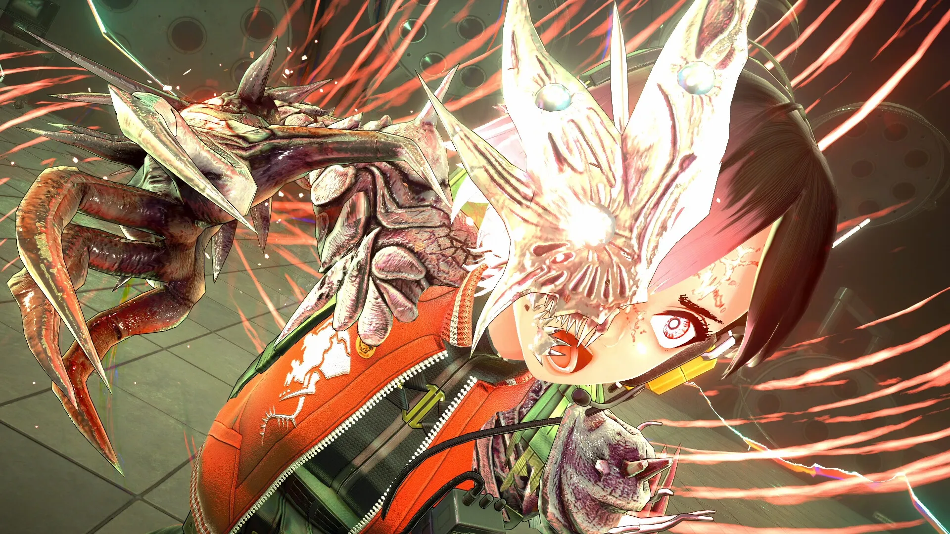 Reona Minazuki activating a grotesque combat ability in ANOMALITH with bright red energy.