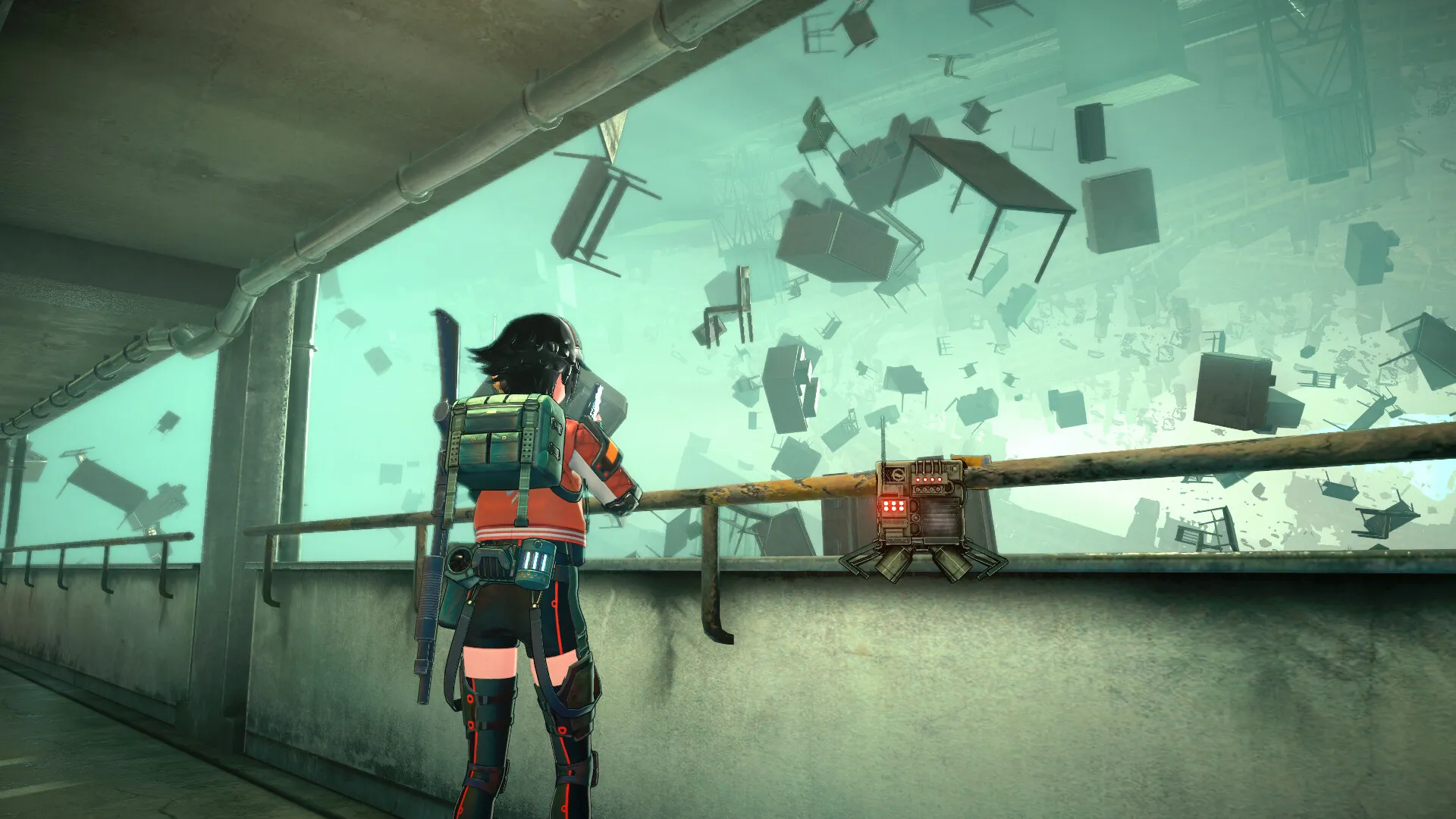 Reona Minazuki looking at furniture floating in a teal-lit Anomaly Zone in ANOMALITH.