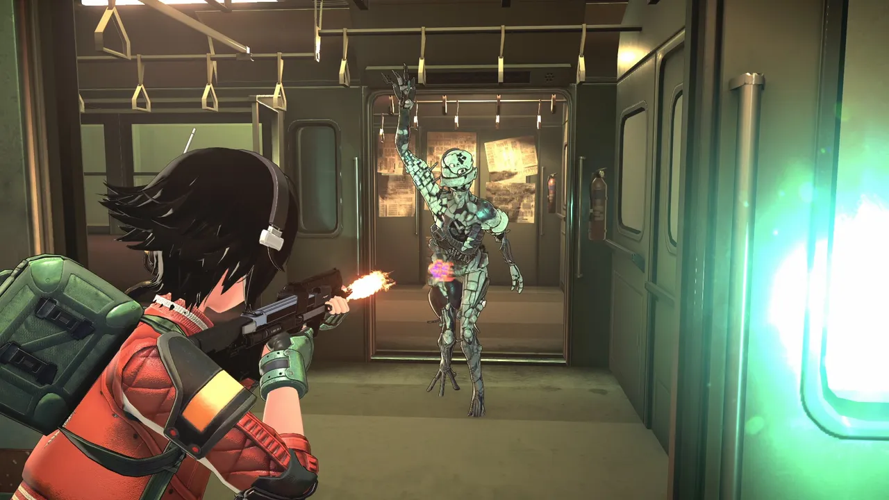 Reona Minazuki firing at a humanoid Anomaly inside a train carriage in ANOMALITH.