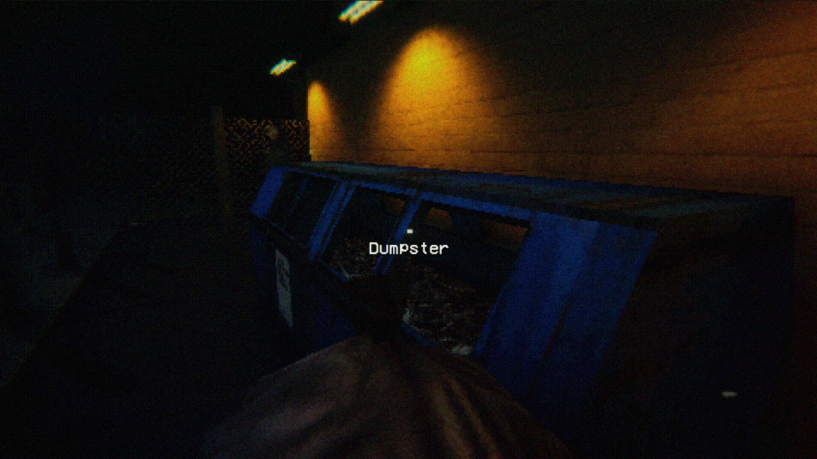 A blue dumpster behind a brick building at night in Bleach & Blood, with an on-screen Dumpster interaction label.