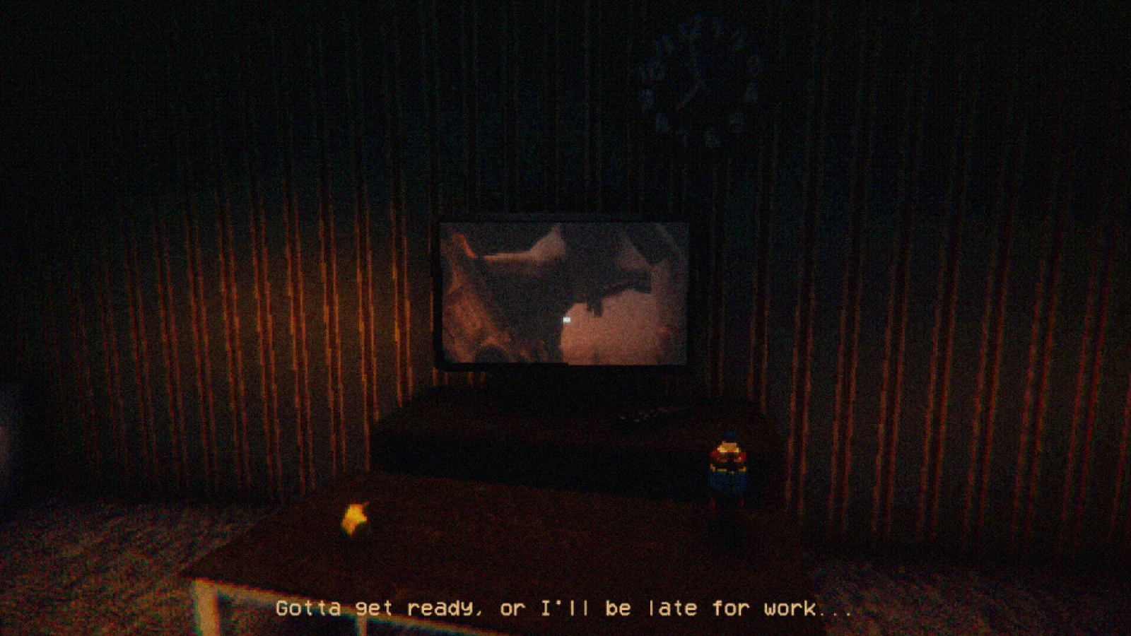 A dark, retro-styled interior with a television and the subtitle Gotta get ready, or I'll be late for work in Bleach & Blood.