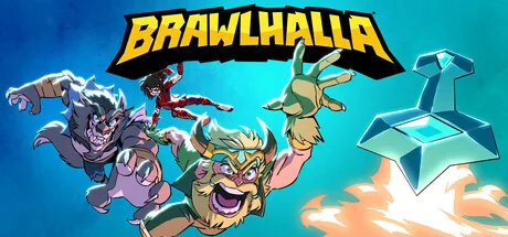 Brawlhalla character artwork with a crowned fighter reaching forward, other fighters, and a glowing sword.