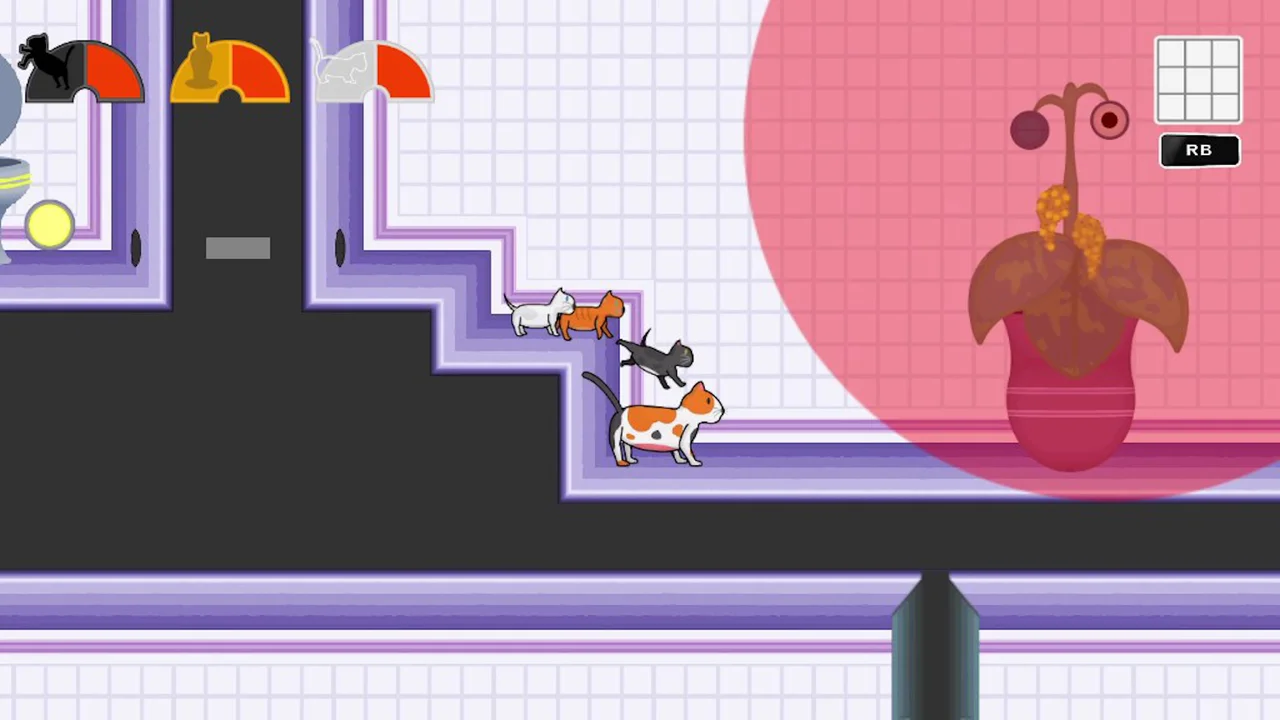 Calico cat and kittens moving past an unusual plant in the colorful alien world of A Simple Expurriment.