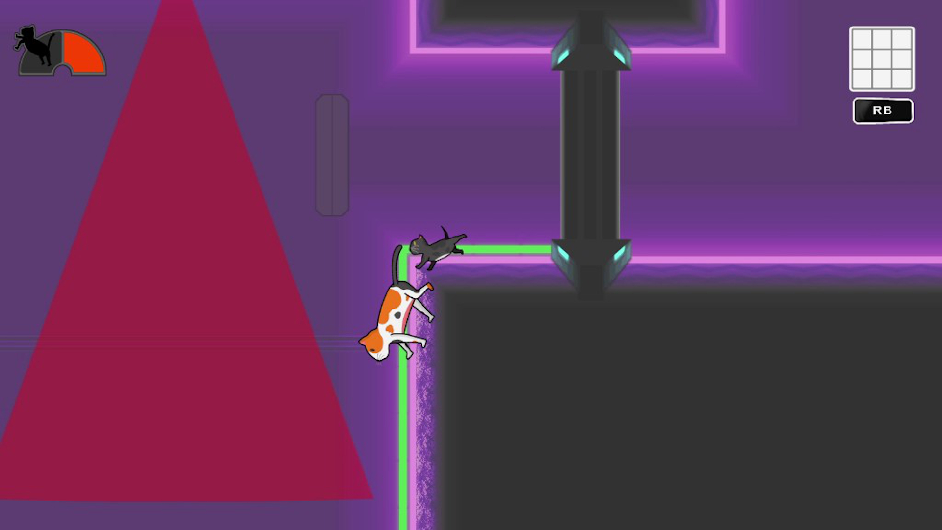 Calico cat running vertically along a purple-lit wall in A Simple Expurriment.