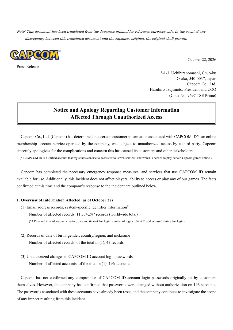 First page of Capcom’s October 22, 2026 notice describing unauthorized access to CAPCOM ID records.