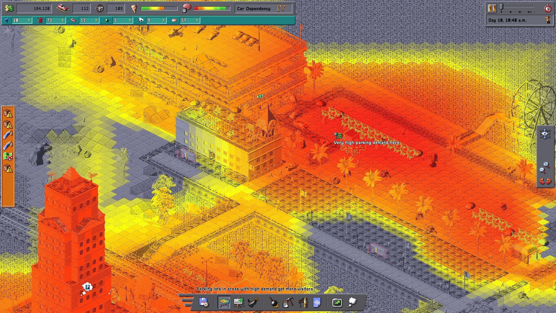 Car Park Capital parking-demand heatmap showing red, orange, and yellow demand zones across city buildings and streets.