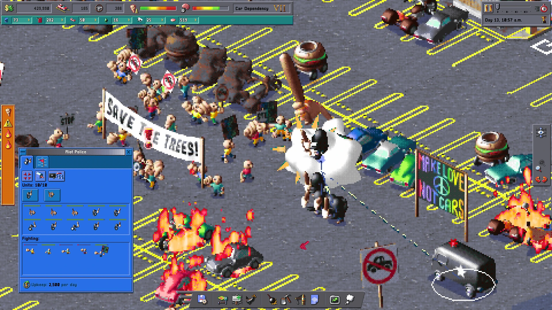 Protesters gather in a Car Park Capital parking lot beside burning cars, with the riot-police management panel open.