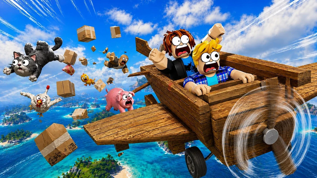 Cartoon animals and cardboard parcels tumbling through a blue sky above tropical islands in Crazy Pilots promotional art.
