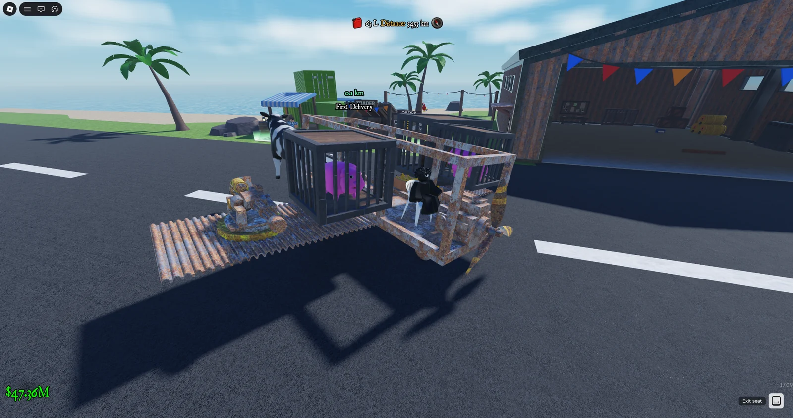 A cargo-carrying aircraft near a runway and tropical shoreline in a Crazy Pilots Roblox gameplay screenshot.