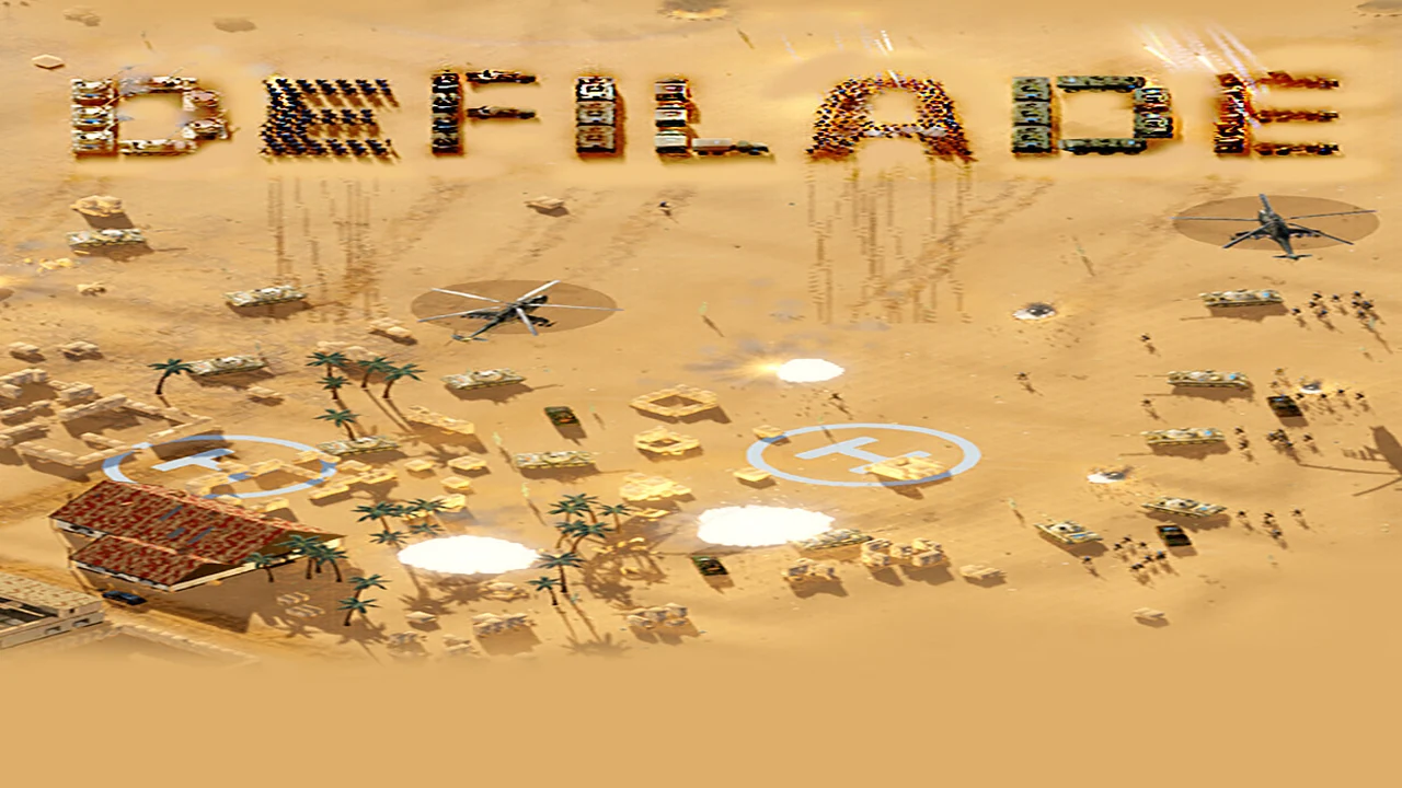 Defilade title formed from military units above an isometric desert battlefield with helicopters, tanks and troops.