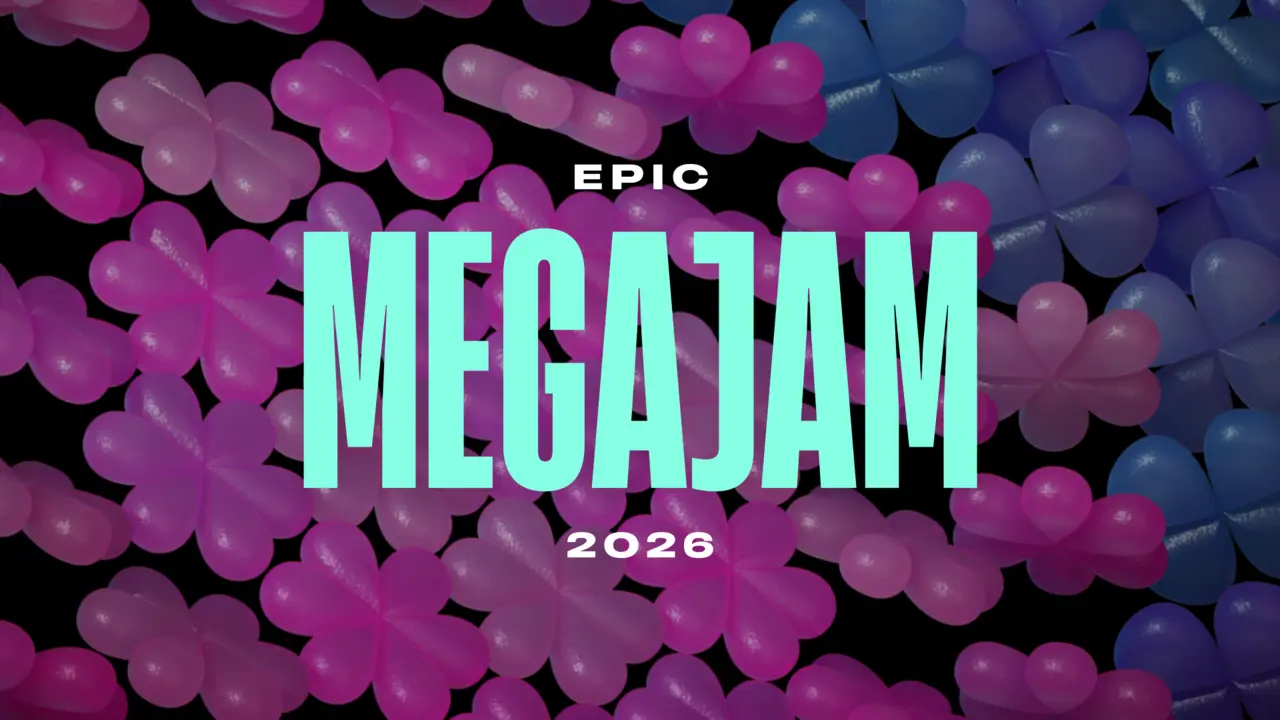 Official Epic MegaJam 2026 artwork with mint lettering over pink, purple, and blue abstract shapes.