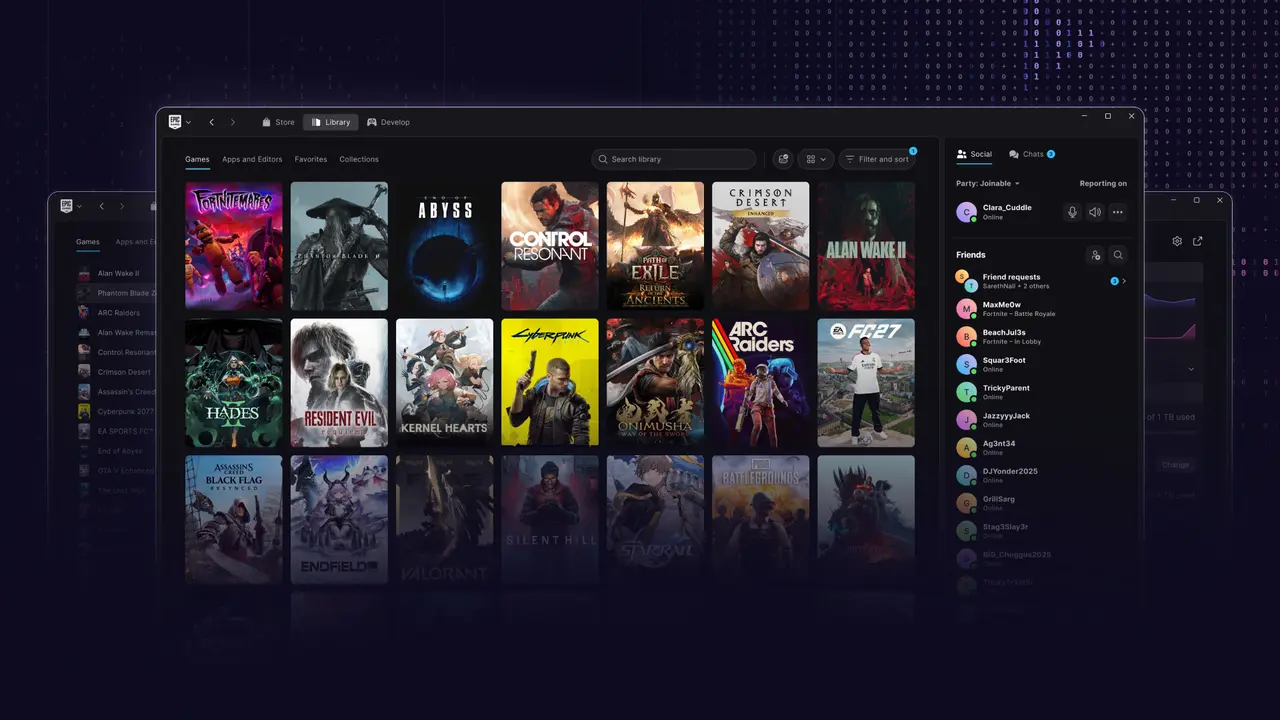 Epic Games Launcher promotional image showing a game library grid and social panel over a dark blue background