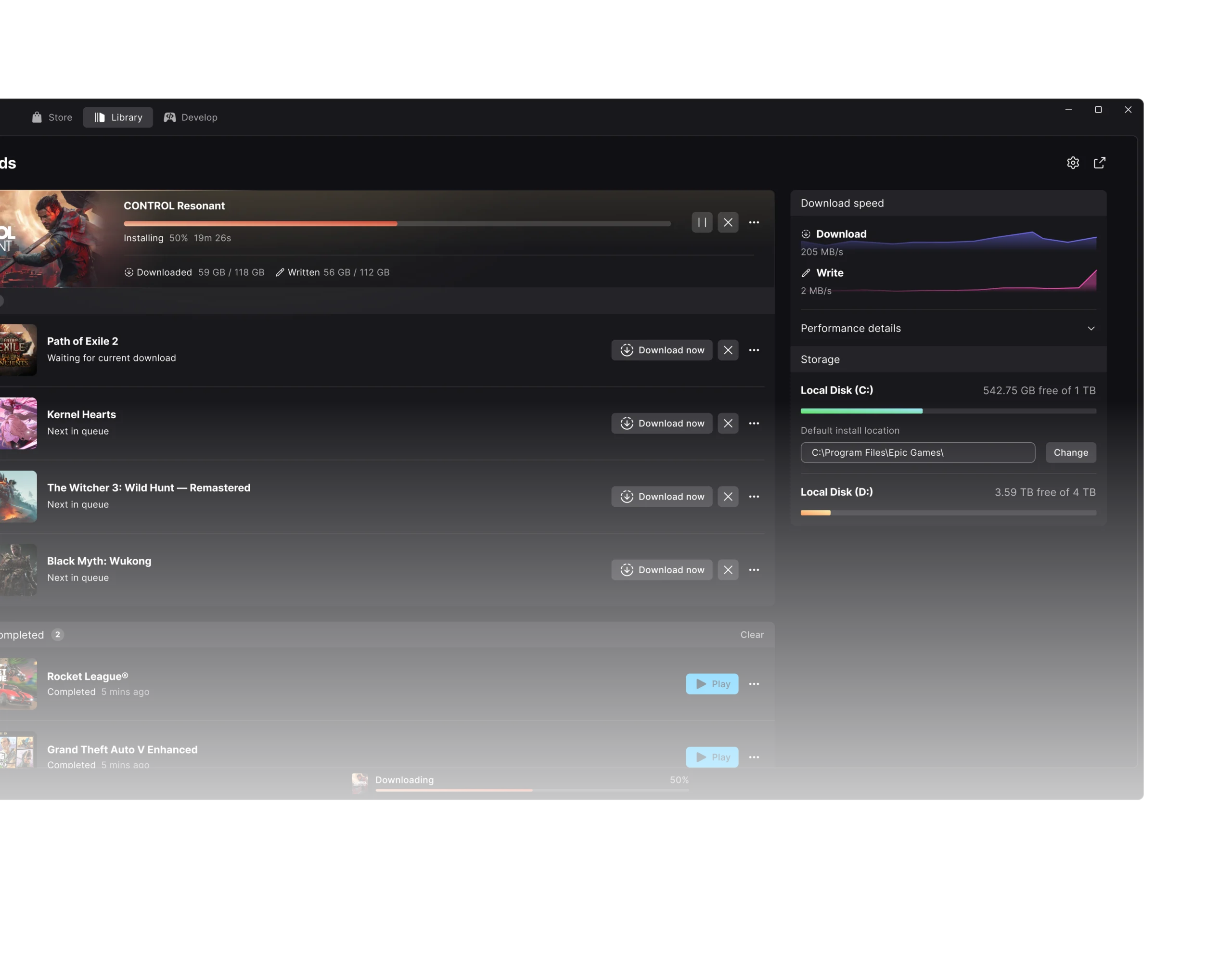 Epic Games Launcher download manager showing an installation queue, download and write speed graphs, and storage information