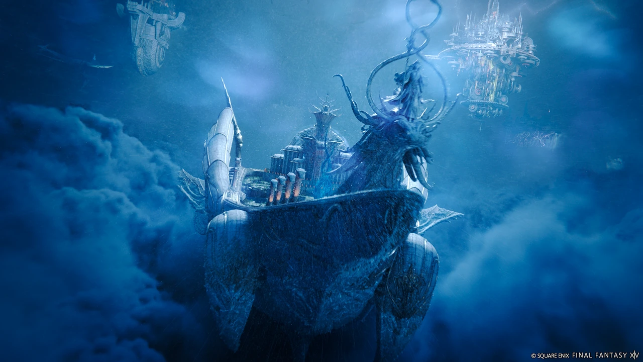 An ornate horned vessel carrying buildings floats through blue clouds in Final Fantasy XIV: Evercold.