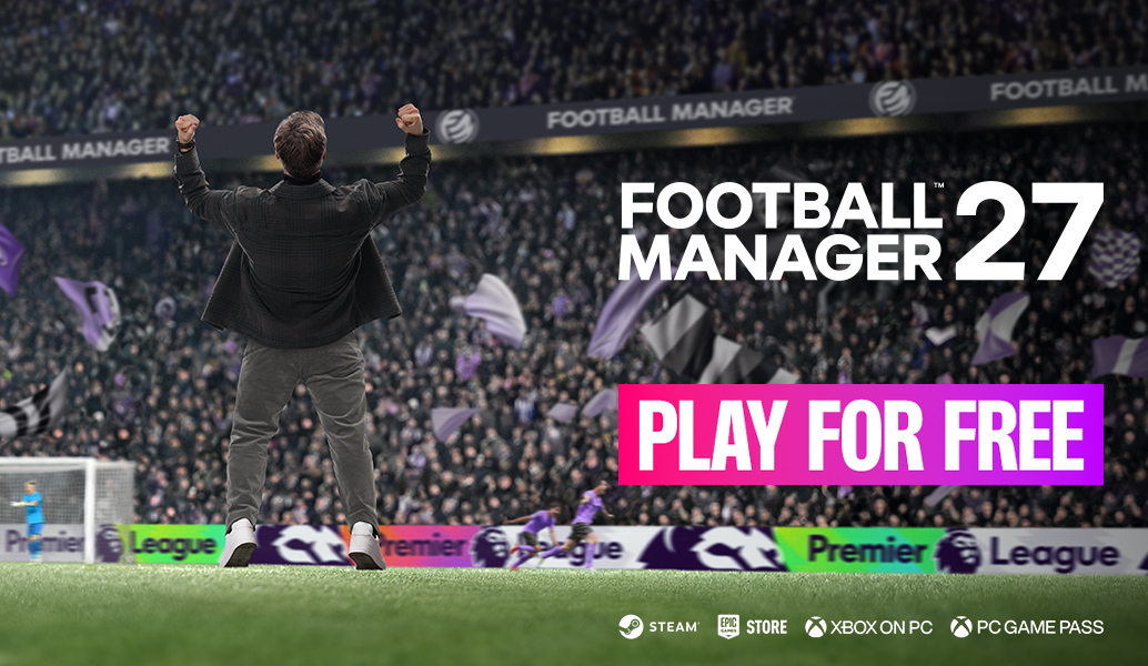 Football Manager 27 Play for Free promotional artwork announcing the October 29–November 3 PC and Mac launch preview.