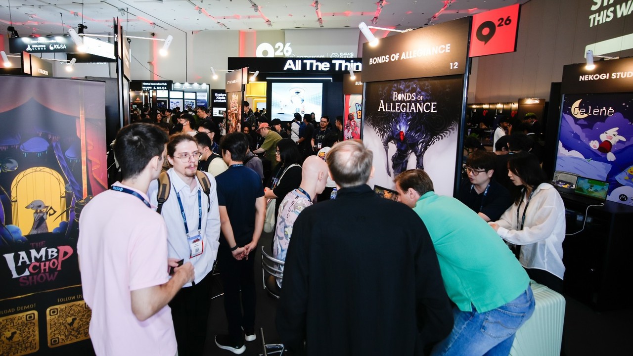Attendees talking between game booths, including Bonds of Allegiance and Celene, at gamescom asia x Thailand Game Show 2026.
