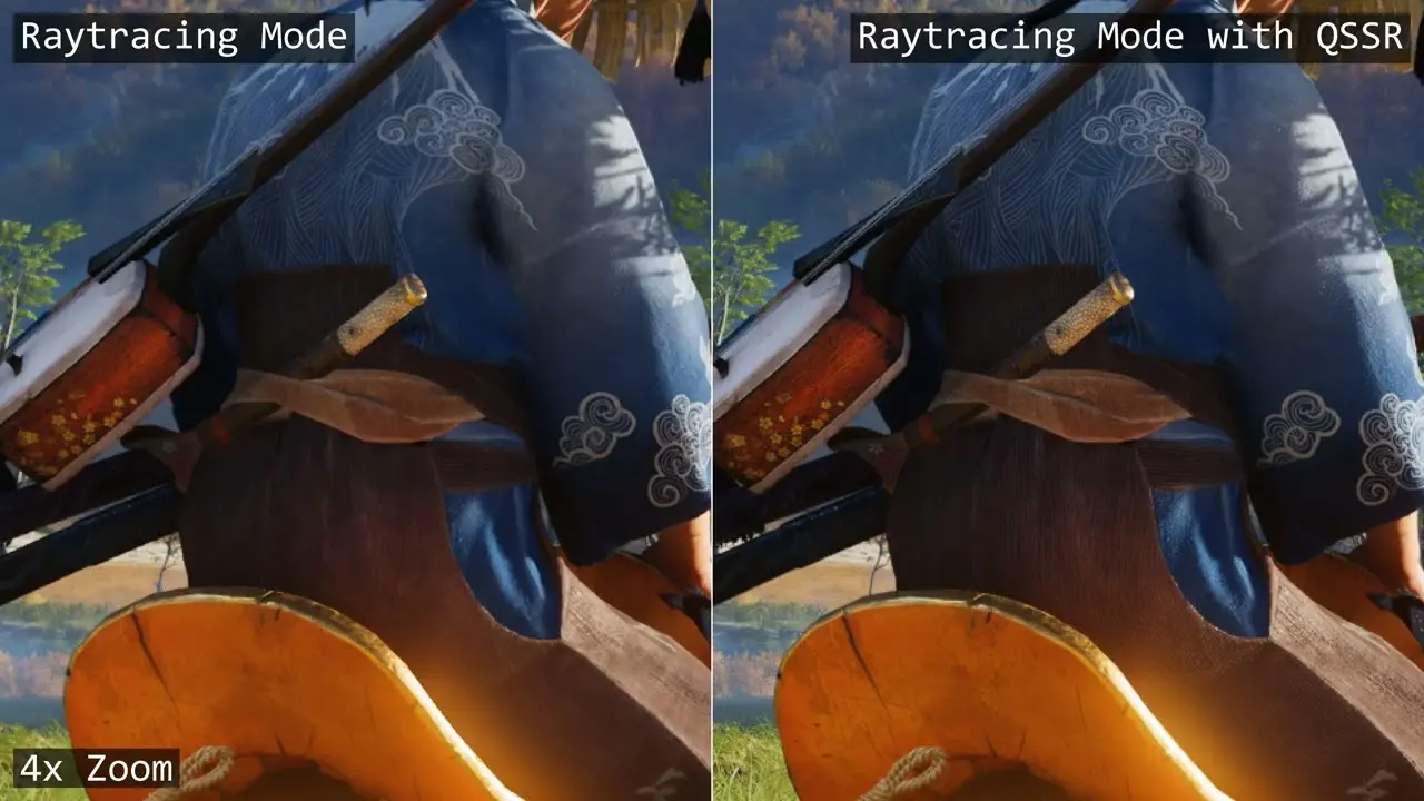 Split-screen close-up of patterned clothing in Ghost of Yōtei comparing Raytracing Mode with Raytracing Mode using QSSR at 4x zoom
