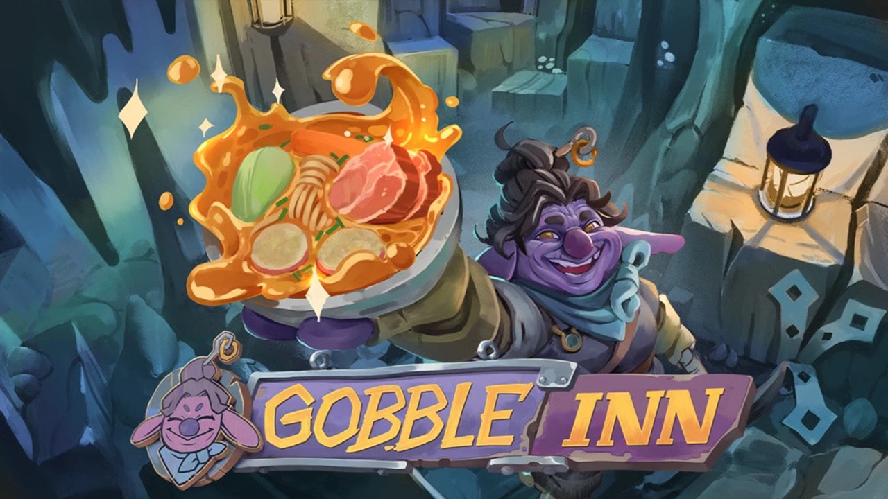 Aunty Val presenting a bowl of food above the Gobble Inn logo