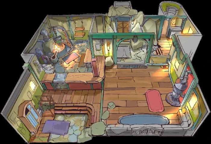 Cutaway artwork of a Gobble Inn interior with a kitchen, wooden floors, stairs, and glowing lamps