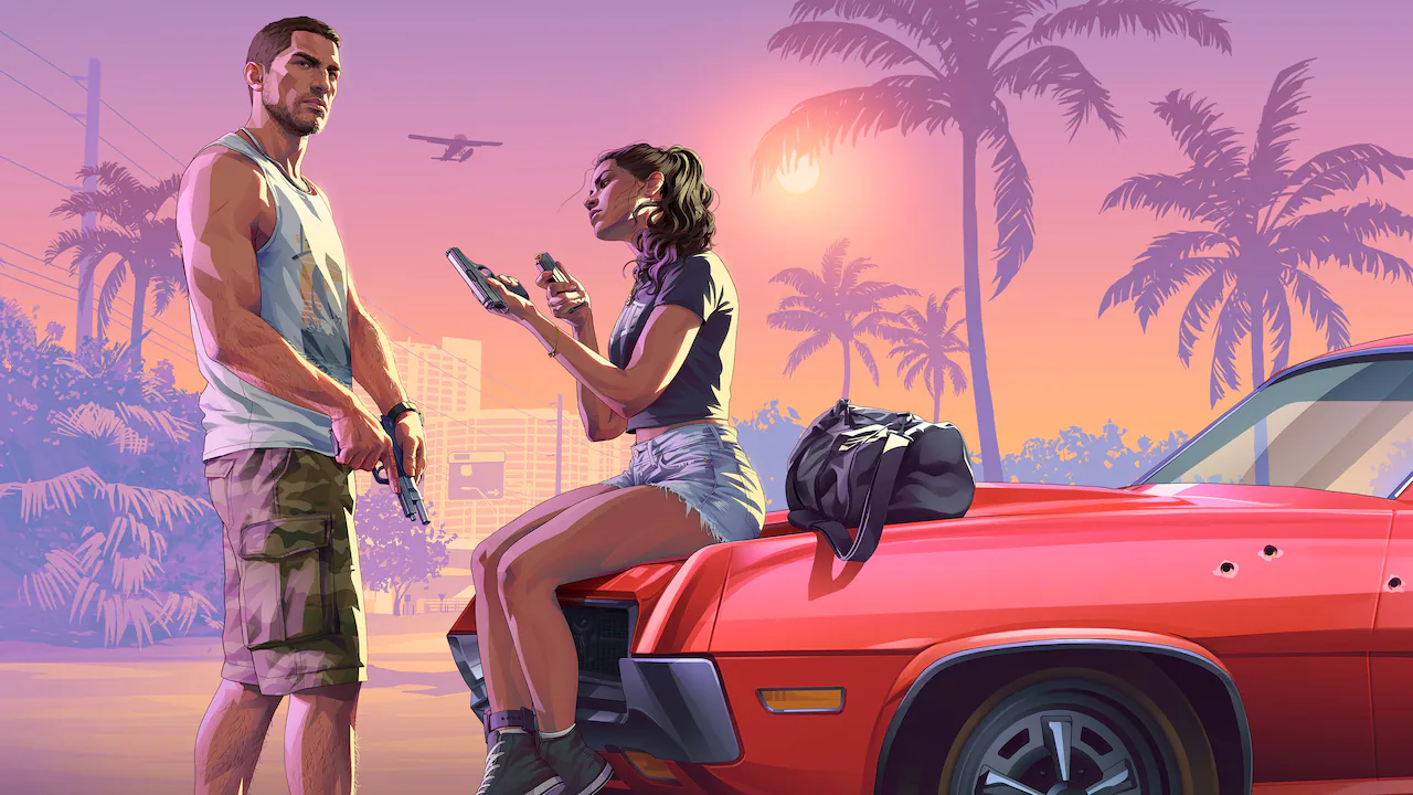 Jason and Lucia with handguns beside a red car at sunset in GTA VI artwork
