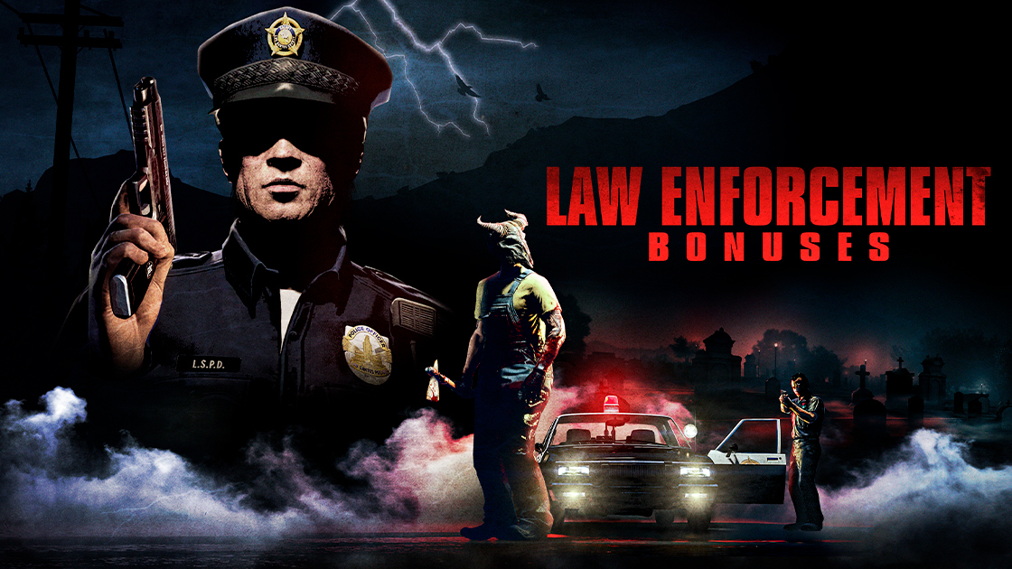 GTA Online police officer and masked characters beside a police car beneath Law Enforcement Bonuses text.