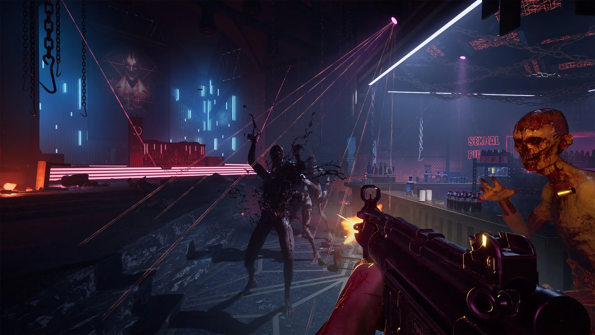 First-person gunfire against monsters in a neon-lit nightclub in Hellraiser: Revival.