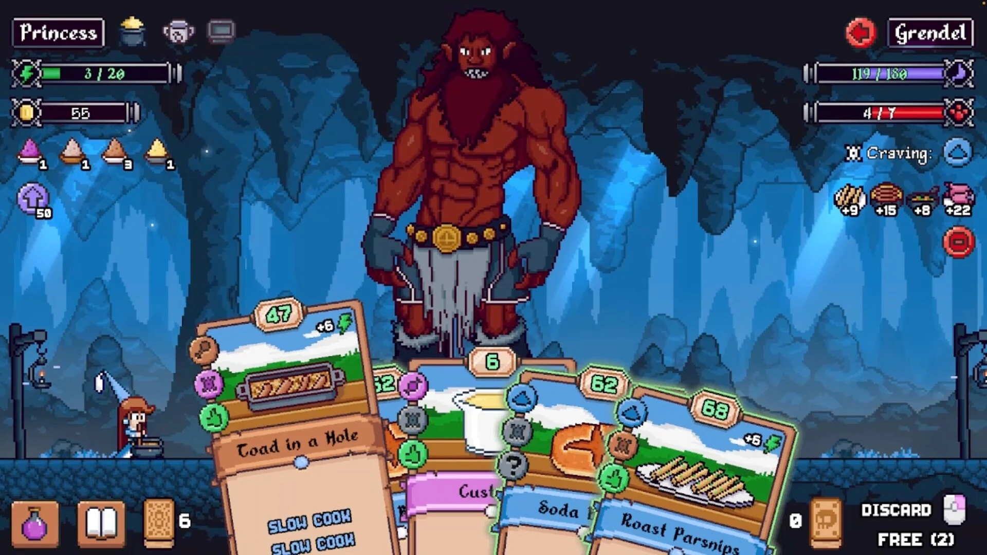 Grendel faces a hand of cooking cards in Hungry Horrors, with hunger and craving indicators visible.