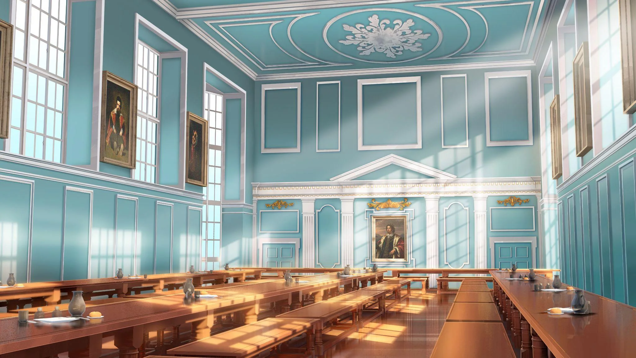 Sunlit turquoise dining hall with long wooden tables and framed portraits in It Was That Summer.