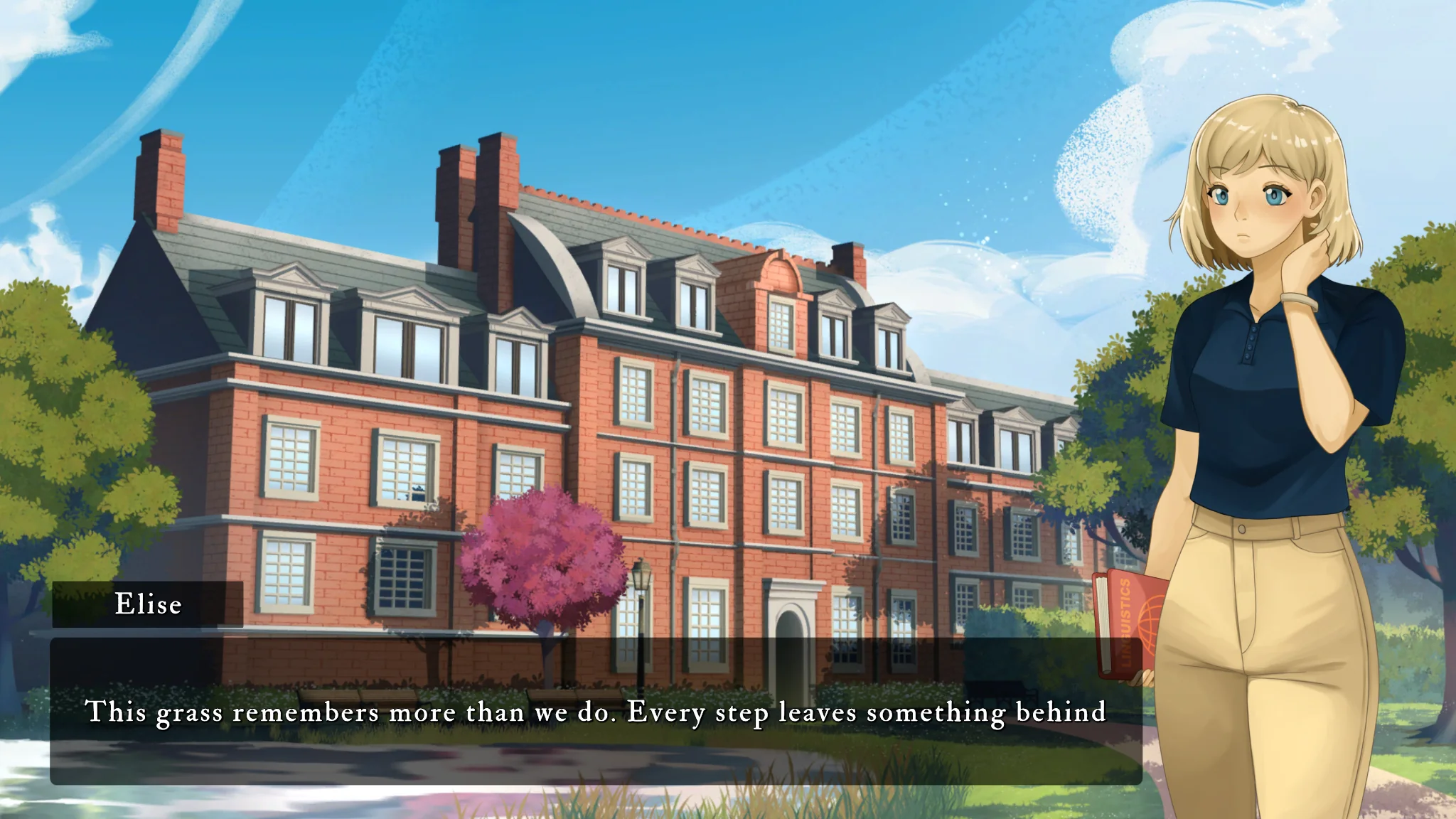 Visual novel scene showing Elise outside a red-brick Cambridge building in It Was That Summer.