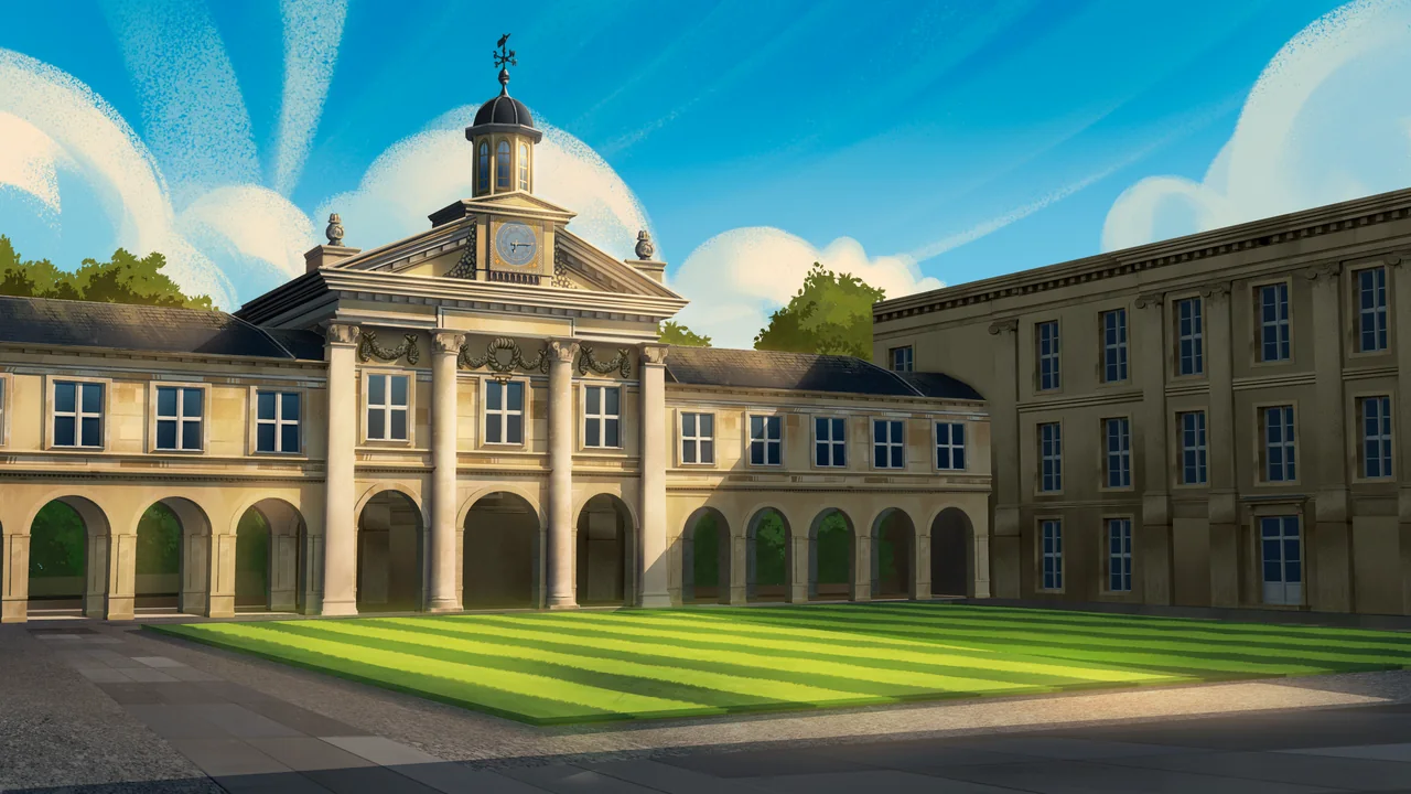 Illustrated Cambridge college courtyard with a historic building and green lawn in It Was That Summer.