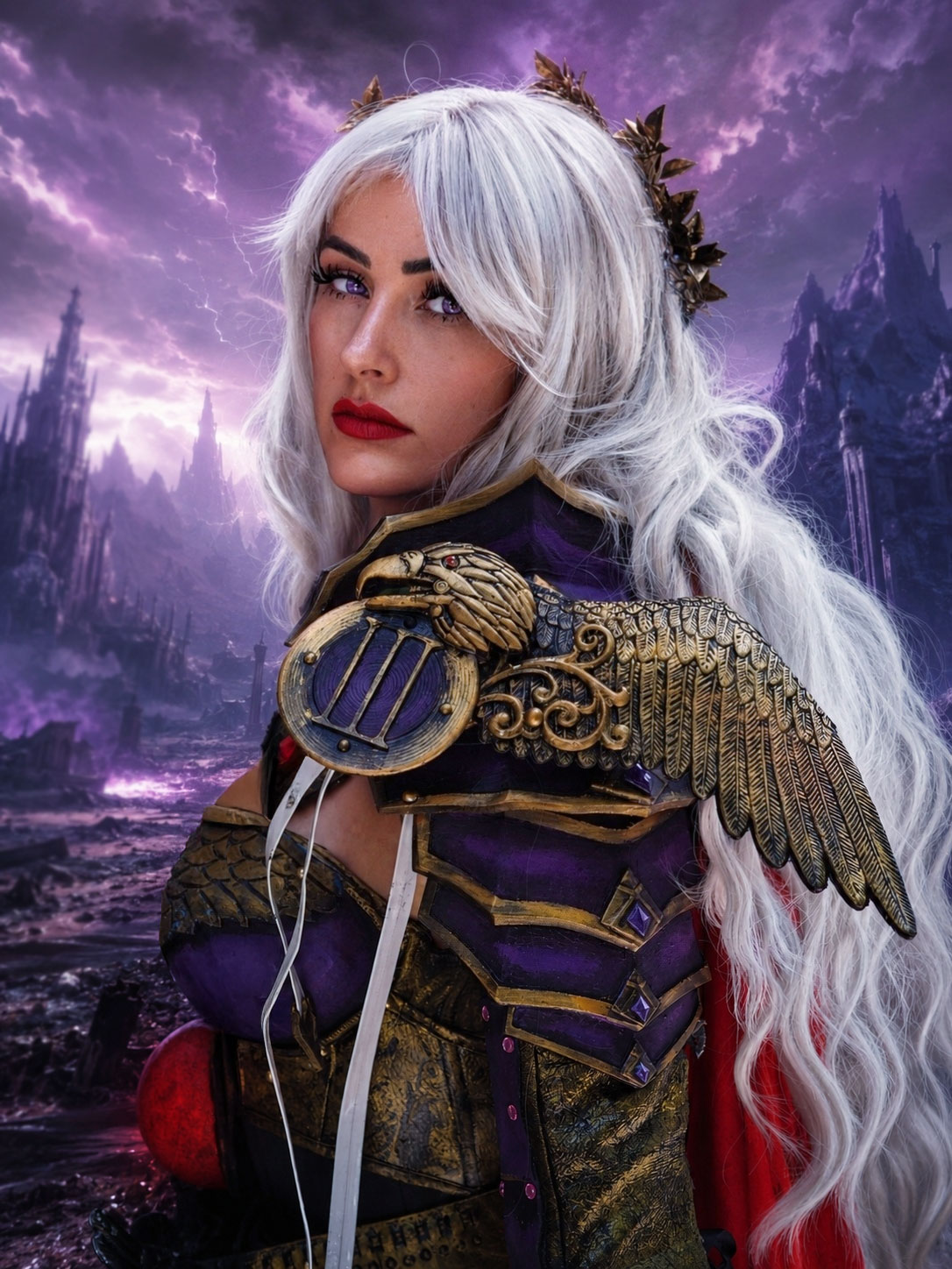 Kax with long white hair in purple and gold Fulgrim armor against a purple fantasy landscape.