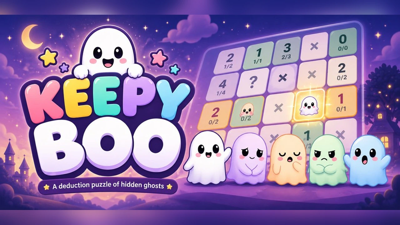 KEEPYBOO key art showing five colorful ghosts beside a board of numbered puzzle clues beneath the game's logo.