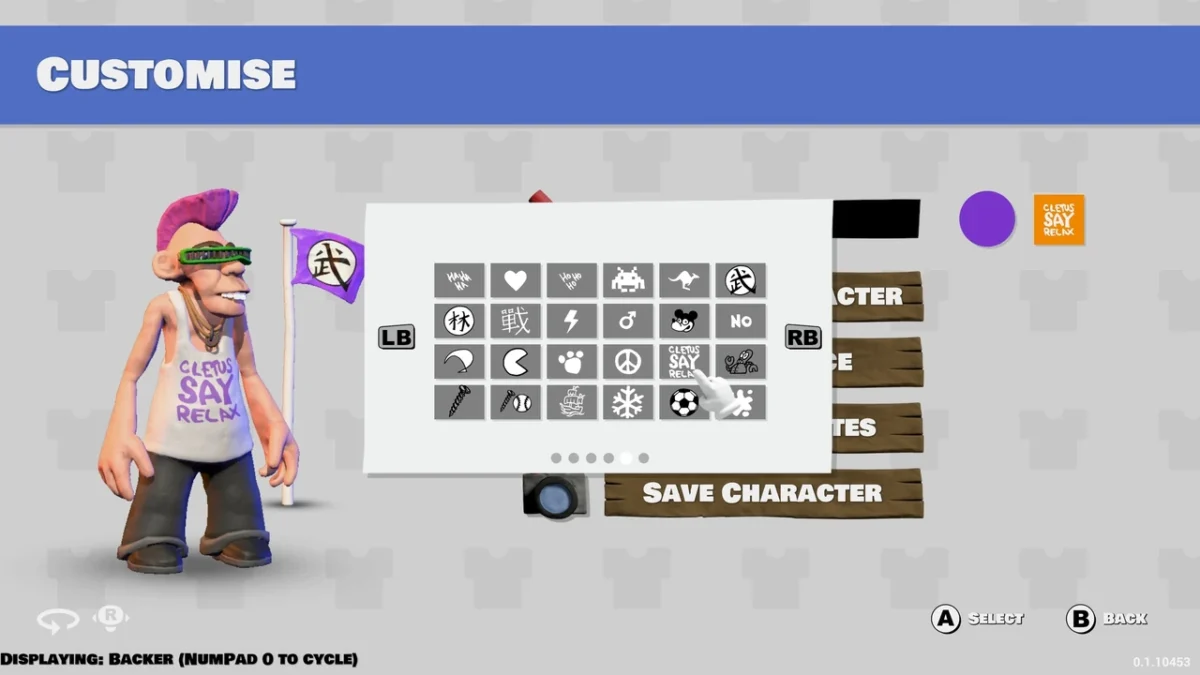 Knuckle Creek's wardrobe menu shows a cartoon fighter with a pink mohawk and sunglasses next to a grid of customization symbols.
