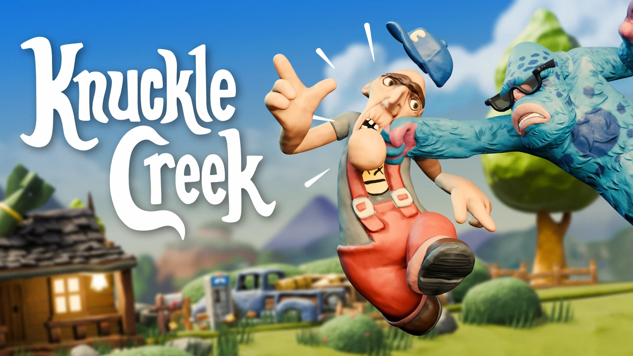 Knuckle Creek key art showing two clay-style fighters, one blue and one wearing orange overalls, with the game logo beside them.
