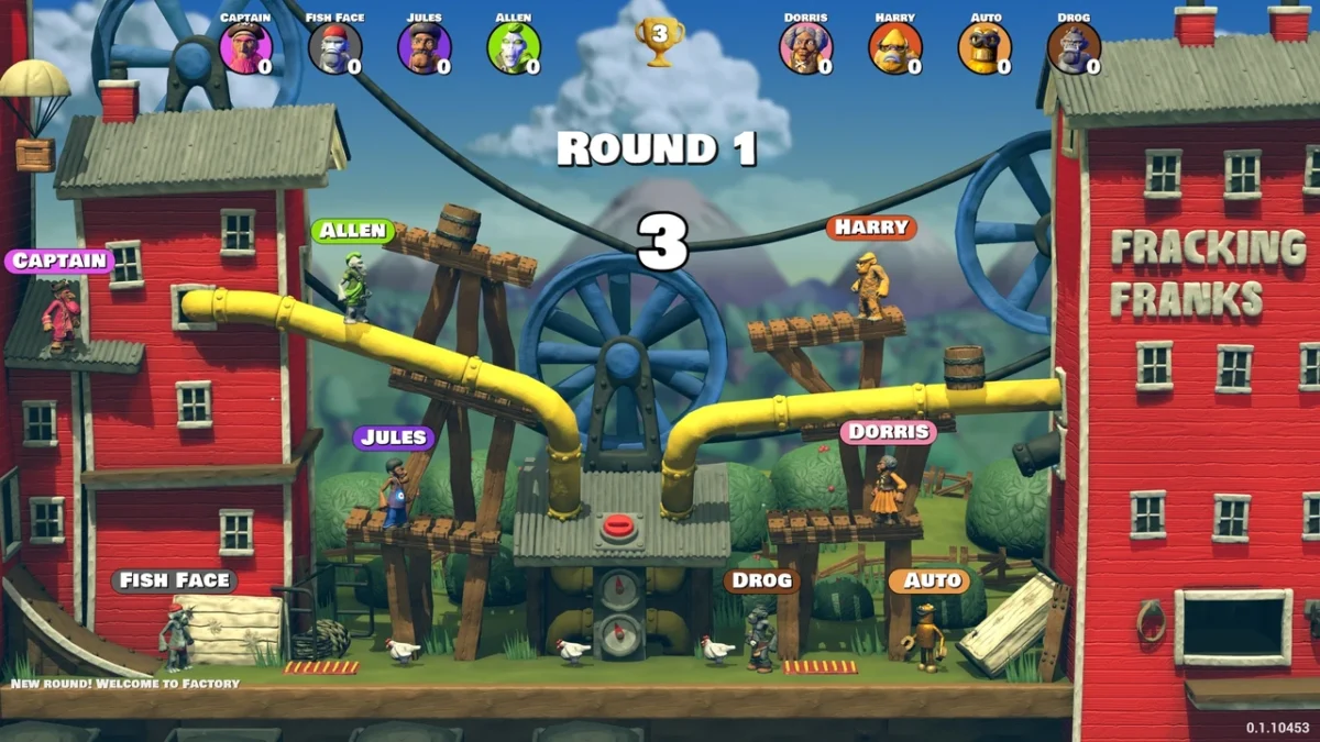 Eight named Knuckle Creek fighters occupy platforms between red farm buildings, yellow pipes, and large machinery as Round 1 counts down.