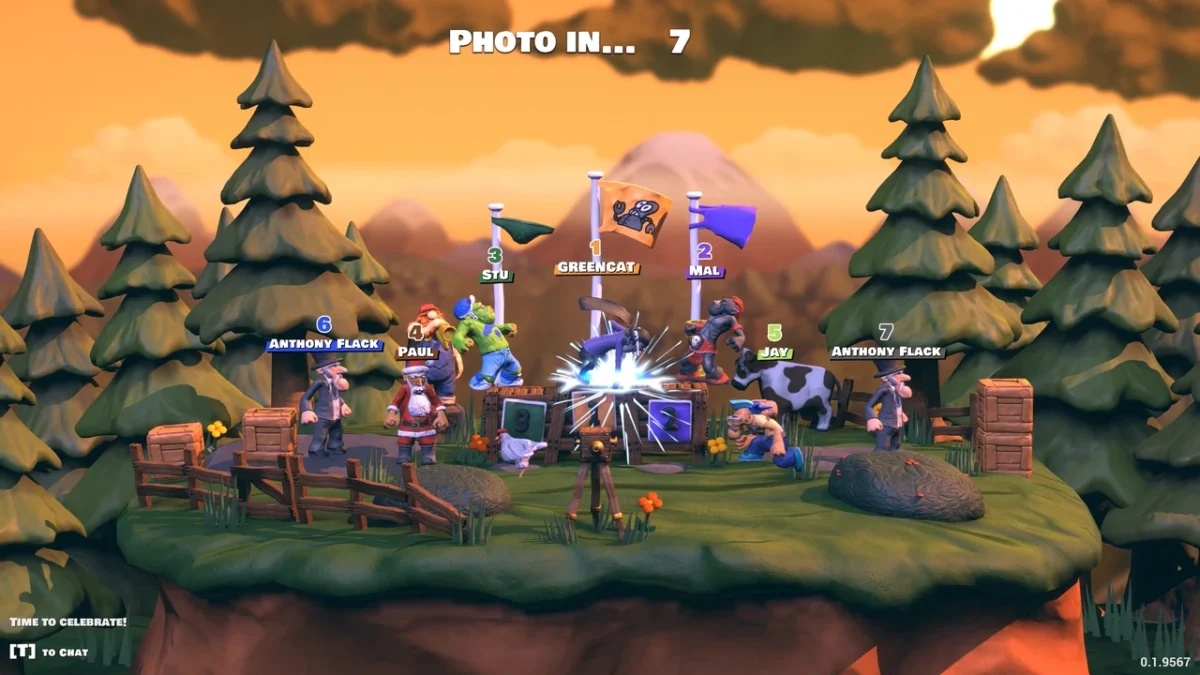 Knuckle Creek characters gather on a small wooded stage at sunset while an on-screen counter reads PHOTO IN... 7.
