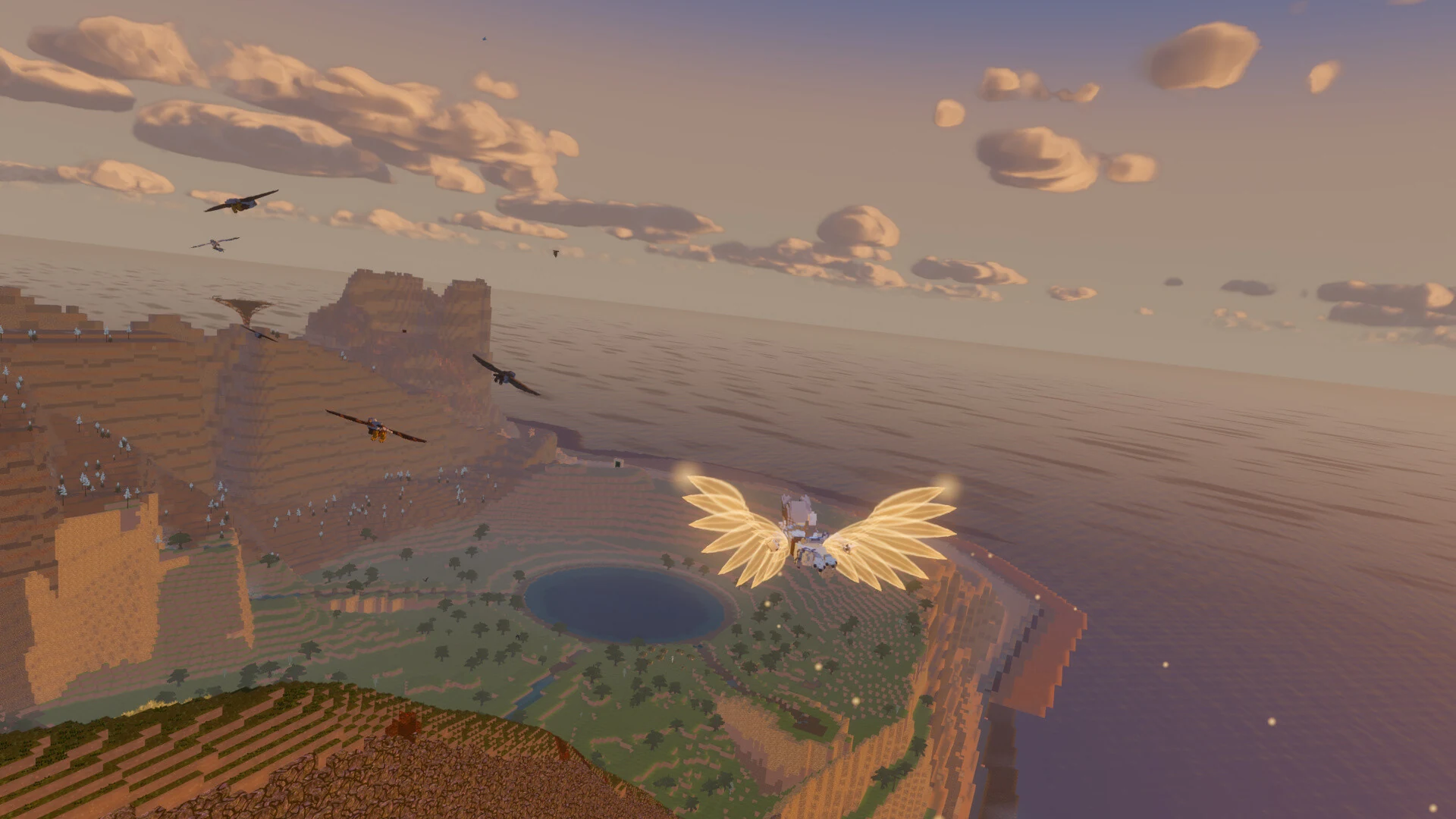 Winged Luminid flying above a coastal landscape at sunset.