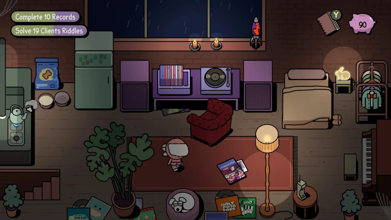Top-down view of George’s bedroom hub with records and a turntable in MR. RECORDS