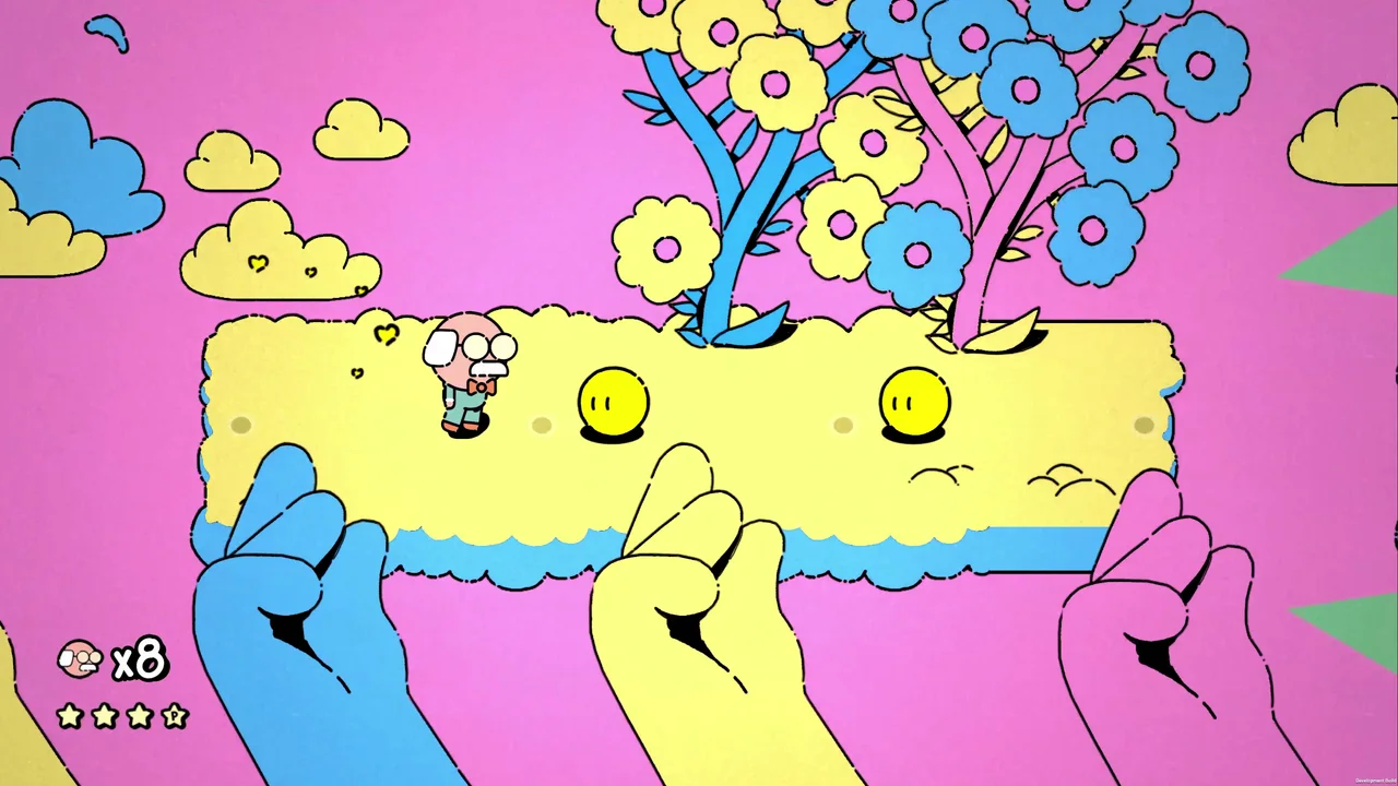 George in a colorful MR. RECORDS rhythm platforming level with flowers and a smiling platform