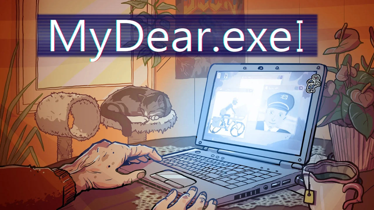 MyDear.exe key art showing hands at a laptop beside a sleeping cat, a hot drink and a potted plant.