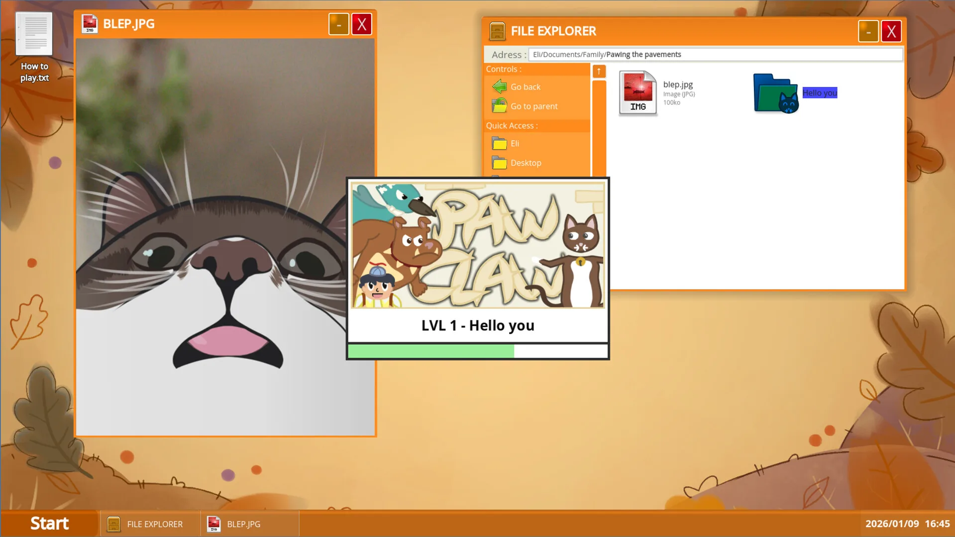 MyDear.exe gameplay showing an orange desktop, a cat photo, File Explorer and a Paw Law loading window.