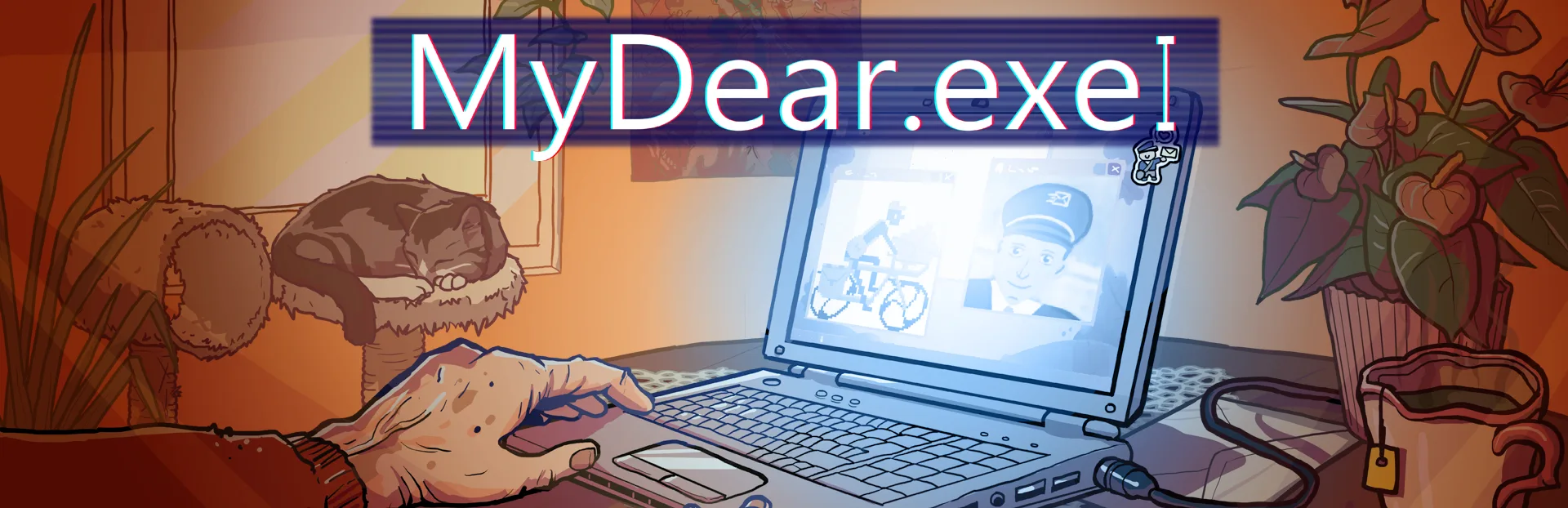 MyDear.exe banner art showing a laptop beside a sleeping cat, a hot drink and a potted plant.