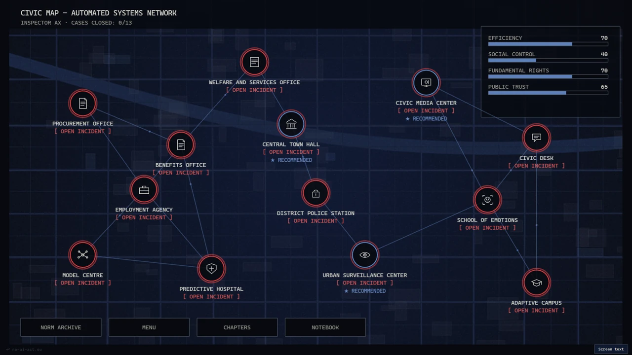 NO AI ACT civic map displaying locations of AI-related investigations.