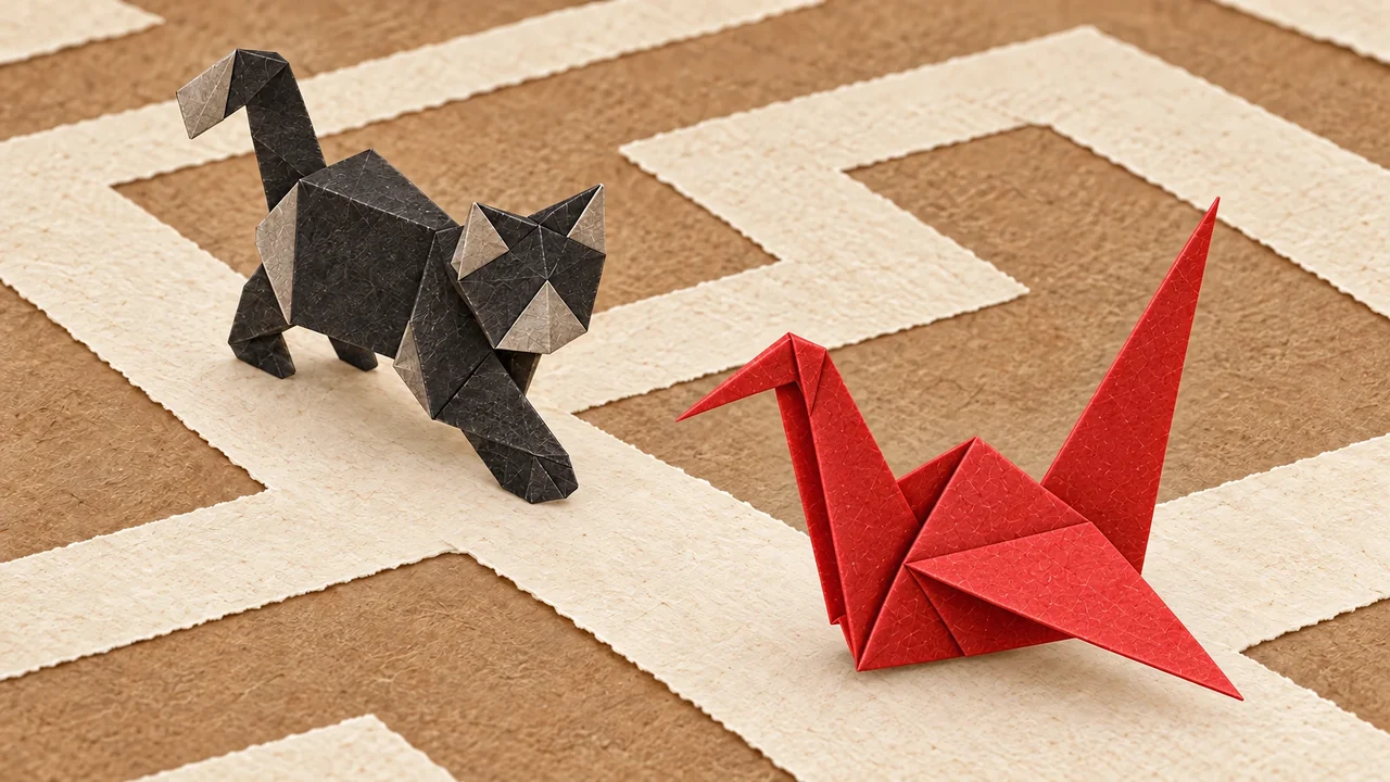 Orisuji key artwork with a black origami cat and red paper crane on cream-colored paper maze paths